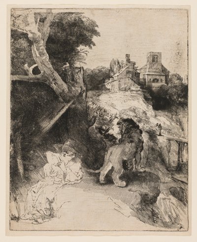 イタリアの風景の中で読書する聖ヒエロニムス 作： Rembrandt van Rijn