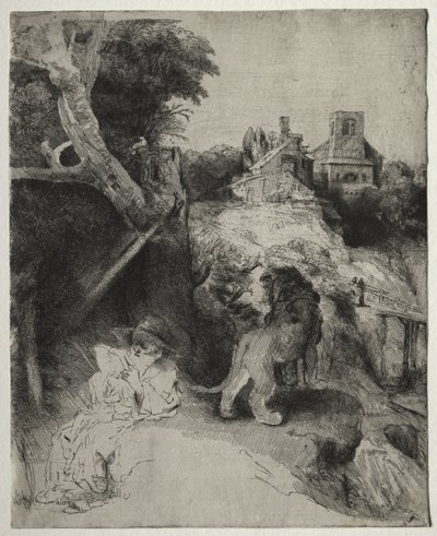 イタリアの風景の中で読書する聖ヒエロニムス 作： Rembrandt van Rijn