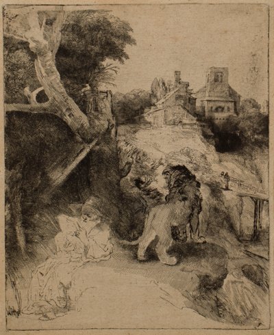 イタリアの風景の中で読書する聖ヒエロニムス 作： Rembrandt van Rijn