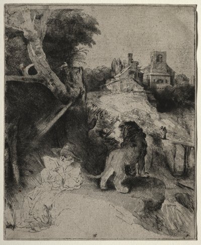 イタリアの風景の中の聖ジェローム読書c。 1653年。 作： Rembrandt van Rijn
