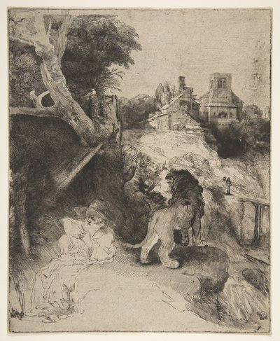 イタリアの風景の中の聖ジェローム読書1653年。 作： Rembrandt van Rijn