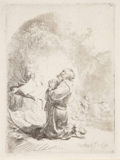 祈りを捧げる聖ヒエロニムス 作： Rembrandt van Rijn