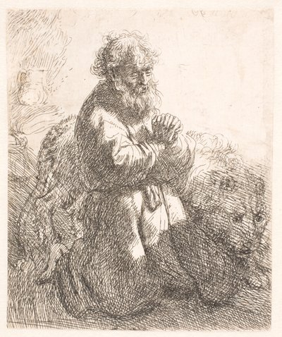 ひざまずいて祈りを捧げる聖ヒエロニムス 作： Rembrandt van Rijn