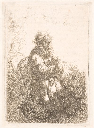 ひざまずいて祈りを捧げる聖ヒエロニムス 作： Rembrandt van Rijn