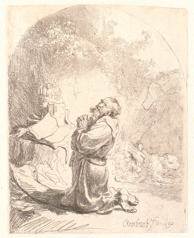 聖ジェロームの祈り: アーチ型プリント 作： Rembrandt van Rijn