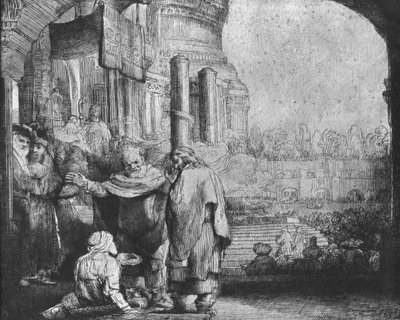 寺院への入り口でのセントピーターとセントジョン、1649年（エッチング）（bw写真） 作： Rembrandt van Rijn