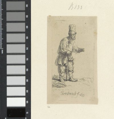 高い帽子をかぶり、棒にもたれて立っている農夫 Requeil de quatre-vingt-cinq estampes originales (シリーズタイトル) 作： Rembrandt van Rijn