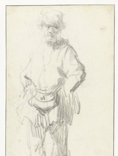 ポーチを持った立っている男 作： Rembrandt van Rijn