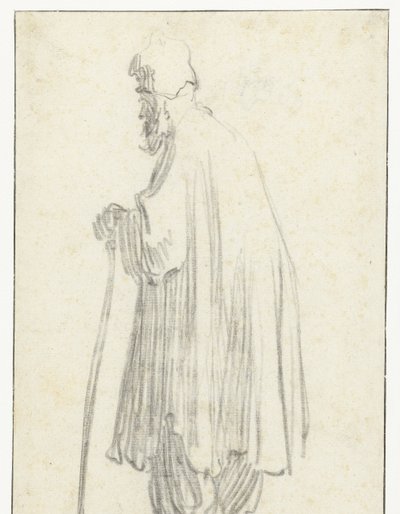 左向きで棒を持って立っている男性 作： Rembrandt van Rijn