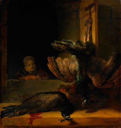 2孔雀と少女のいる静物、1639年頃 作： Rembrandt van Rijn