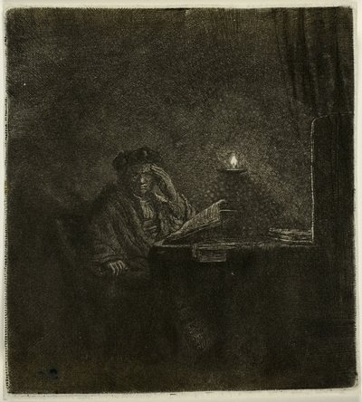 キャンドルライトのそばのテーブルにいる学生 作： Rembrandt van Rijn