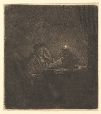 Candlelightによってテーブルの学生、ca。 1642年。 作： Rembrandt van Rijn