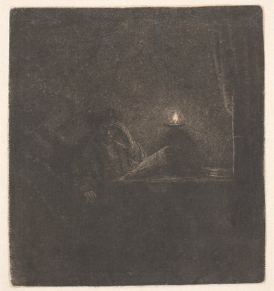 ろうそくの灯りの下、机に向かう学生 作： Rembrandt van Rijn