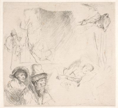 寝たきりの女性を含むStudieblad 作： Rembrandt van Rijn