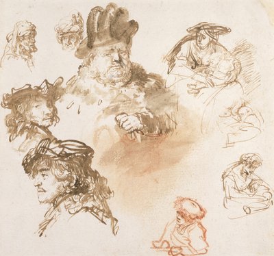 歳の男性の頭と子供を持つ3人の女性の研究、c.1635-36（紙の上にインクとウォッシュ） 作： Rembrandt van Rijn