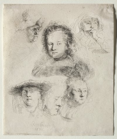 サスキアとその他の首の研究、1636年。 作： Rembrandt van Rijn