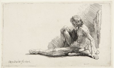 『ヌードの習作（地面に座る男）』（バルツ 196、2つの版のうちの2番目；H. 221；ムンツ 137 II） 作： Rembrandt van Rijn