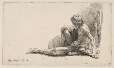 ヌードからの研究：片足を伸ばして地面に座った男、1646年。 作： Rembrandt van Rijn