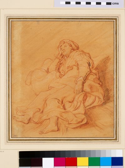 レイチェル像の習作」1621年頃（オレンジ色の下敷きに赤チョーク、黒と白のチョークで描かれている 作： Rembrandt van Rijn