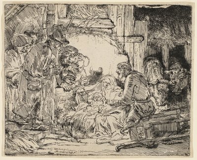 羊飼いの崇拝：ランプとともに 作： Rembrandt van Rijn
