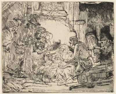 羊飼いの崇拝：ランプとともに 作： Rembrandt van Rijn