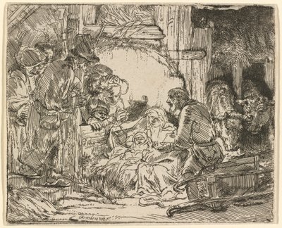羊飼いの礼拝：ランプとともに 作： Rembrandt van Rijn