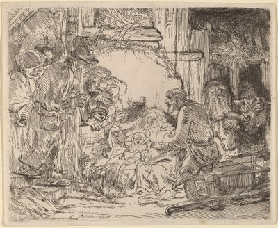 羊飼いの礼拝：ランプとともに 作： Rembrandt van Rijn