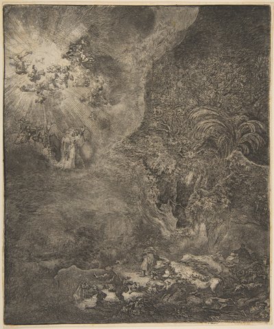 羊飼いに現れる天使。 作： Rembrandt van Rijn
