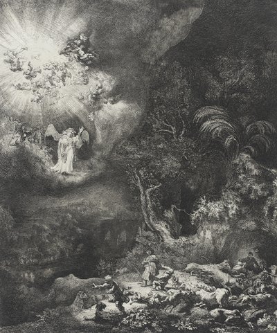 羊飼いに現れる天使、1634年 作： Rembrandt van Rijn