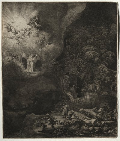羊飼いに現れる天使、1634年。 作： Rembrandt van Rijn