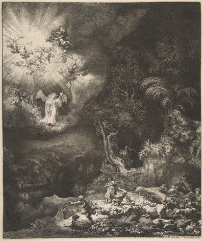 羊飼いに現れる天使、1634年。 作： Rembrandt van Rijn