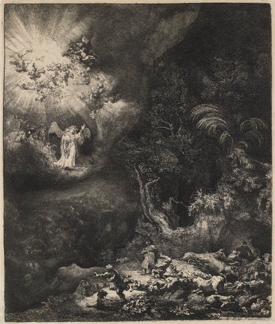 羊飼いに現れた天使、1634年。 作： Rembrandt van Rijn