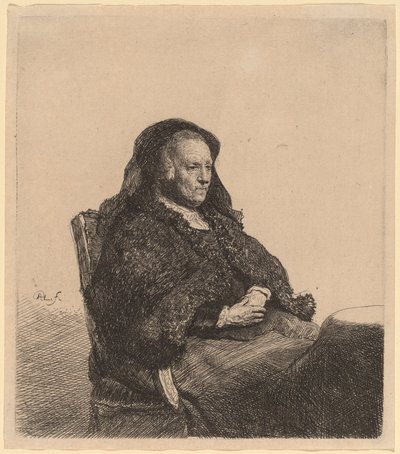 テーブルに座って右を見ている芸術家の母親 作： Rembrandt van Rijn