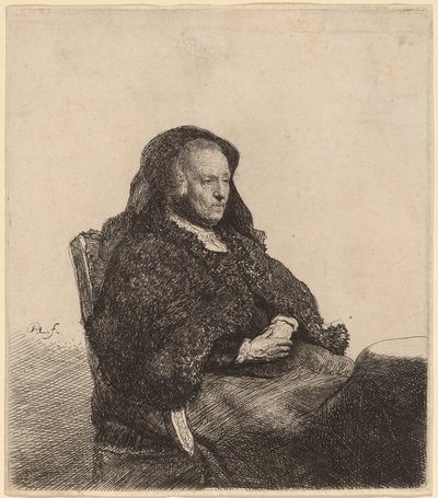 テーブルに座って右を見ている芸術家の母親 作： Rembrandt van Rijn