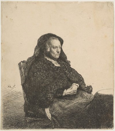 右向きのテーブルに座っているアーティストの母：約4分の3の長さ1631年。 作： Rembrandt van Rijn