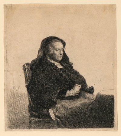 テーブルに座って右を見ている芸術家の母親: 4 分の 3 の長さ 作： Rembrandt van Rijn