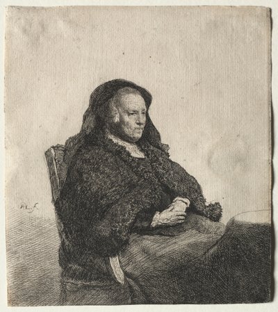 テーブルに座っているアーティストの母、右を見る：4分の3の長さ、c。 1631年。 作： Rembrandt van Rijn
