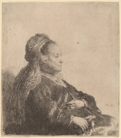 オリエンタルな頭飾りをつけて座っている芸術家の母親 作： Rembrandt van Rijn