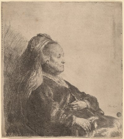 オリエンタルな頭飾りをつけて座っている芸術家の母親 作： Rembrandt van Rijn