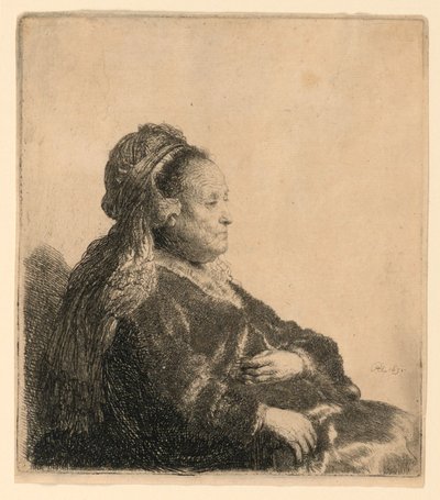 東洋の頭飾りで座っている芸術家の母親: ハーフレングス 作： Rembrandt van Rijn
