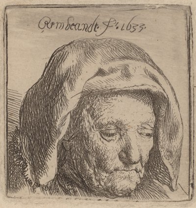 布製の頭飾りをかぶった芸術家の母親、見下ろしている、1633年。 作： Rembrandt van Rijn
