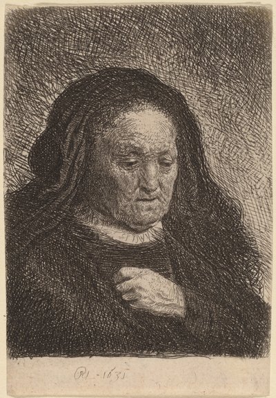 胸に手をあてるアーティストの母親 作： Rembrandt van Rijn