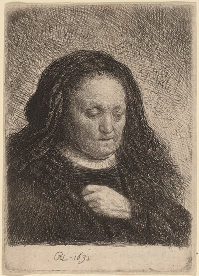 胸に手をあてるアーティストの母親 作： Rembrandt van Rijn