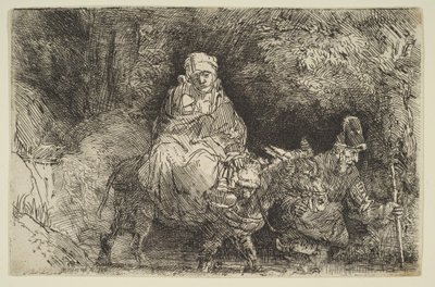 エジプトへの逃避：小川を渡る、1654年。 作： Rembrandt van Rijn