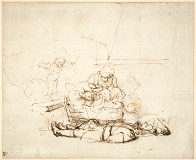 天使と共に眠る聖家族1645年（紙にガッシュを塗ったペンとインク） 作： Rembrandt van Rijn