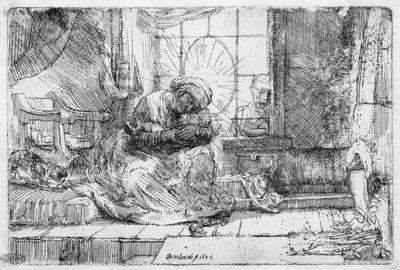 猫のいる聖家族1654 作： Rembrandt van Rijn