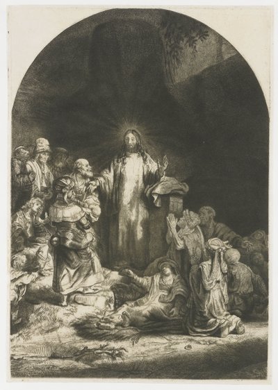 The Hundred Guilder Print: キリストの説教が描かれた中心部分、アーチ型のプレート 作： Rembrandt van Rijn