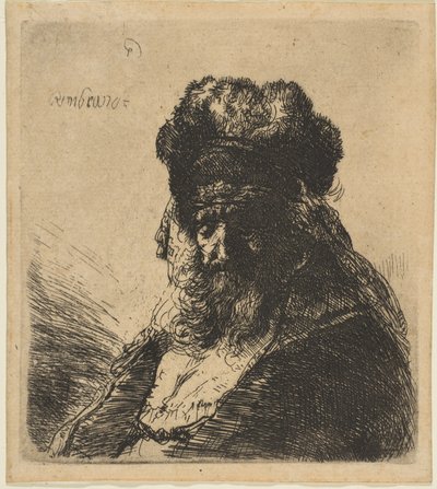 高い毛皮の帽子をかぶったひげを生やした老人、目を閉じている。 1635年。 作： Rembrandt van Rijn
