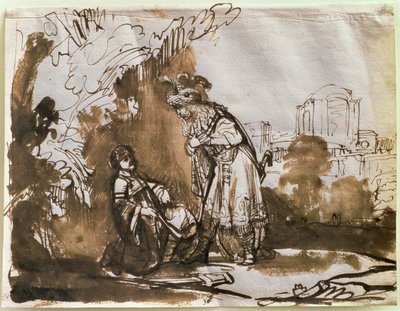 デビッドとジョナサンの別れ（紙にペンとウォッシュ） 作： Rembrandt van Rijn