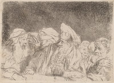 100 ギルダー版画からの断片を議論するパリサイ人、c. 1649年。 作： Rembrandt van Rijn